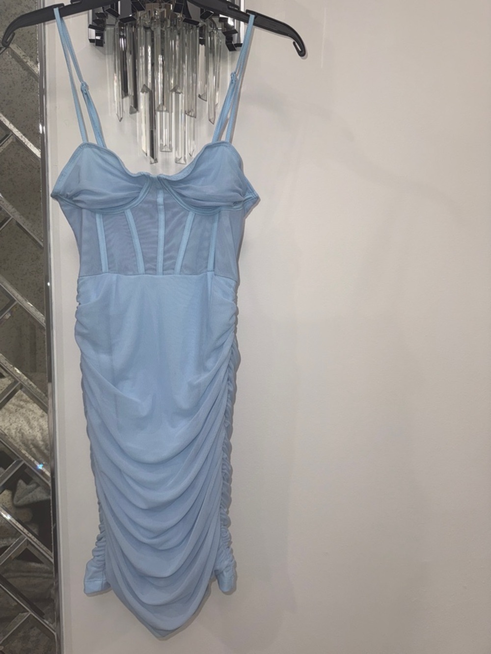 SHEIN Light Blue Ruched Mesh Mini Dress with Corset like Bodice